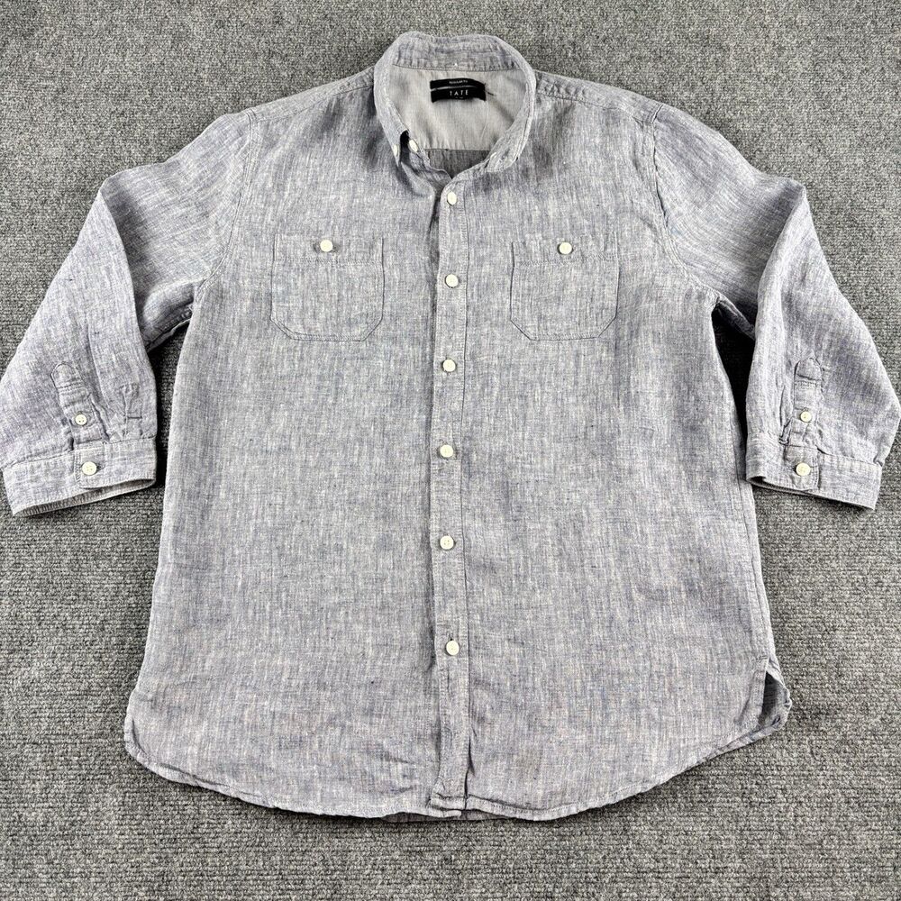 TATE Mens L Linen Blend Shirt Navy Chambray Regular Fit Double Pocket